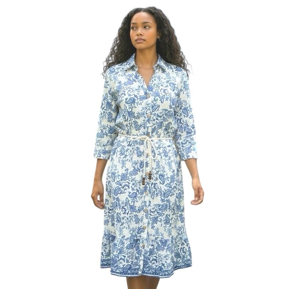 NWT Mlle Gabrielle Blue & White Floral Paisley Shirtdress Large Euro Summer